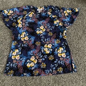 Denim & Co Blue and Yellow Floral Short Sleeve Top M